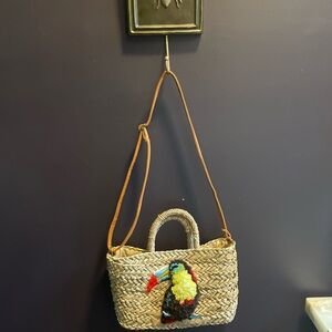 Vintage Woven Straw Bag with Toucan Design